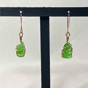 Handmade Brass Wire Wrap Green Sea Glass Dangle Earrings